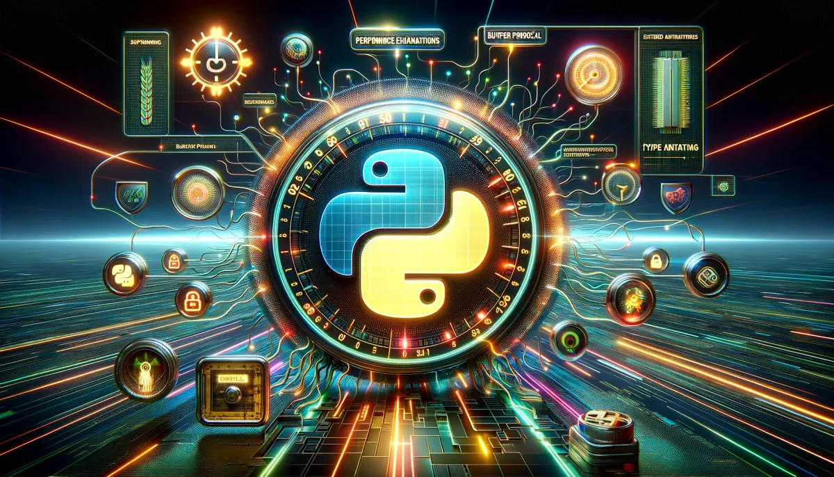 DALL E 2024 02 19 10.49.43   A Futuristic Digital Landscape Symbolizing The Evolution Of Python Programming  With A Large  Glowing Python 3.12 Logo At The Center. Surrounding The .webp